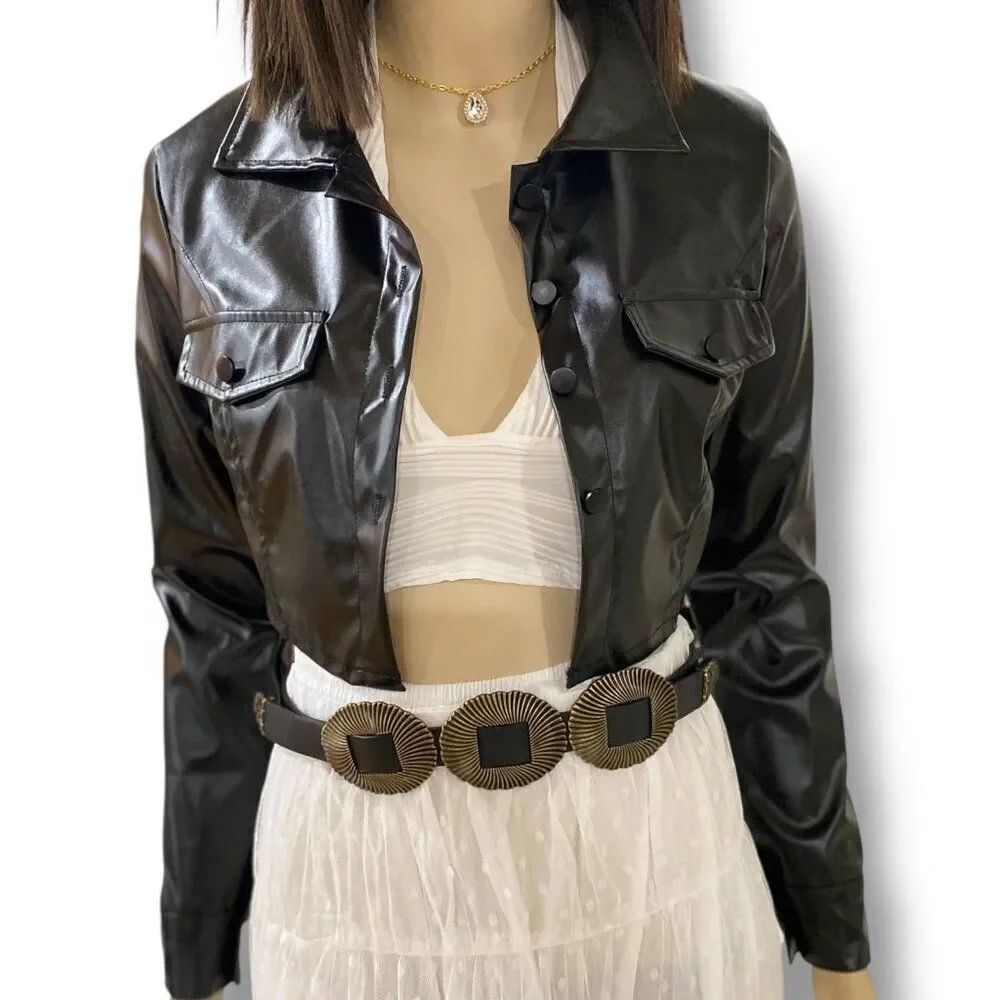 Black Leather Long Sleeve Button Down Cropped Jacket NEW